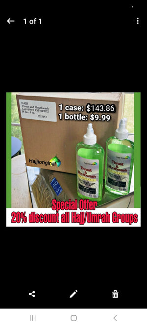 Hajji Original Throatwash Wholesale (1Case :18, 8 oz bottles) minimum order 1 cases or more at 20% discount. FOR MASJIDS/HAJJ/UMRAH.